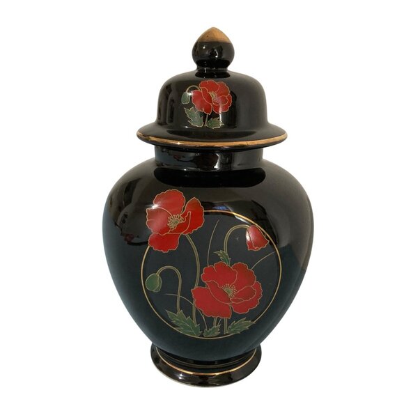 Vintage Japanese Fine China Lidded Ceramic Ginger Jar Black Gold Red Poppy - Picture 1 of 9